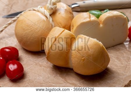 Italian Semi Hard Handmade Smoked Scamorza Cheese, From Cow Milk From Apulia Or Calabria Regions Clo