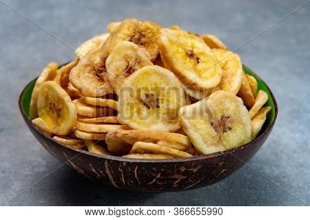 Healthy Sweet Snack, Crispy Dehydrated Unsugared Banana Chips In Bowl