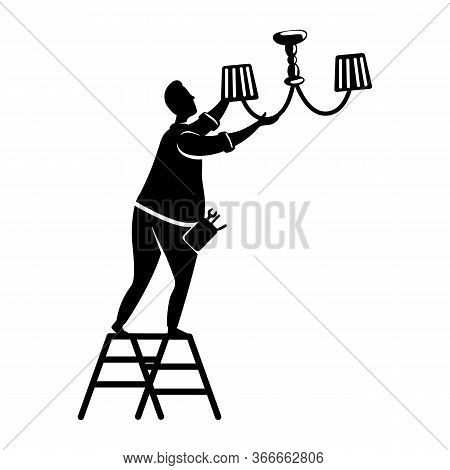 Man Fixes Chandelier Black Silhouette Vector Illustration. Guy Changes Lightbulb. Home Repairs. Work