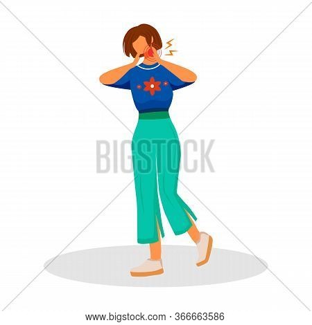 Neckache Flat Color Vector Faceless Character. Woman Strained Neck Muscles. Female With Pain In Thro