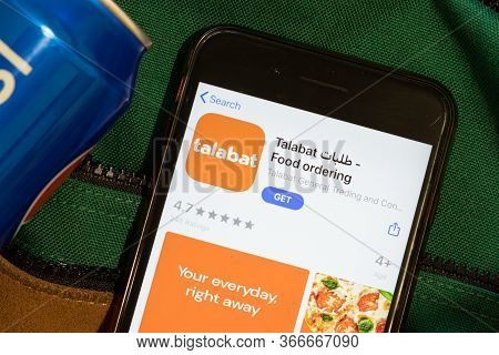 New York, Usa - 15 May 2020: Talabat Mobile App Logo On Phone Screen, Close-up Icon, Illustrative Ed