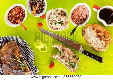Meat Spread And Homemade Bread. Home Cooking. Breakfast. Spread With Chili Peppers.