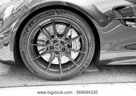 Hamburg, Germany-july 27, 2019: Supercar Mercedes Benz Amg C63 V8 Biturbo Black Color Parked At The 