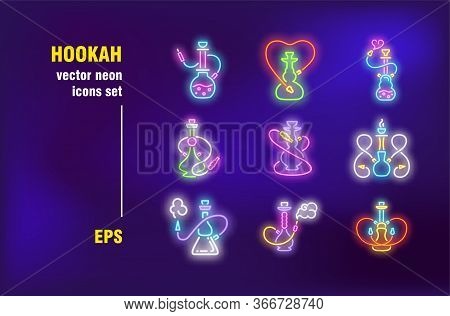 Hookah Collection In Neon Style. Luminous Kalians, Water Pipes And Tobacco. Vector Illustrations For