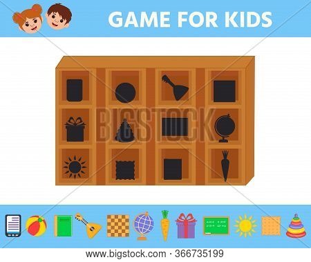 Educational Worksheet For Children. Game For Kids. Find The Correct Toy Shadow On The Shelf. Workshe