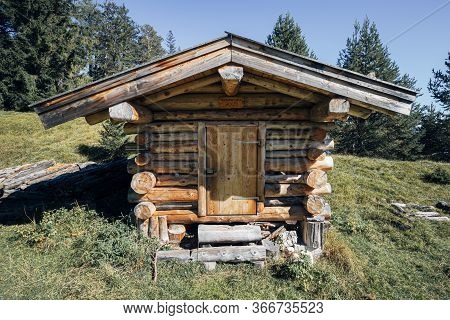 Small Wooden Hut In The Austrian Alps Probably Used For Storage. Tirol, Austria.