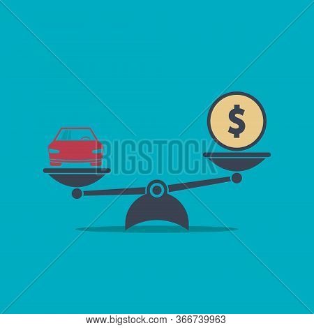 Car And Money On Scales Icon, Vector. Scales With Car And Dollar Coin In Flat Style. Buying Car Conc