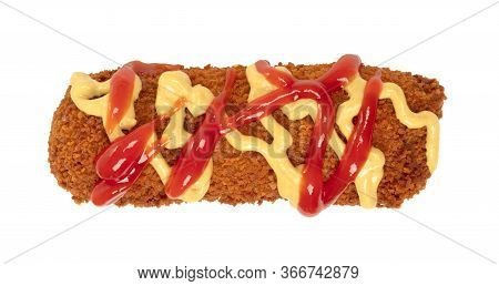 Brown Crusty Dutch Kroket With Mustard And Ketchup Topping Isolated On A White Background