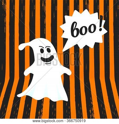 Boo Ghost Halloween Message Concept. Flying Halloween Funny Spooky Ghost Character Say Boo With Text