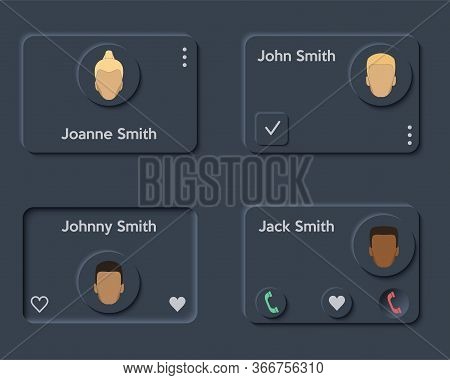 Neumorph Ui Dark Kit Layout. Phone Book And Contact List. Light Color Set. Skeuomorph Trend Design. 