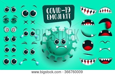 Covid19 Emoji Kit Vector Set. Green Corona Virus Covid19 Icon Creation, Kit Eyes And Mouth With Sad 