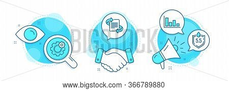 Marketing, Histogram And Cogwheel Line Icons Set. Handshake Deal, Research And Promotion Complex Ico