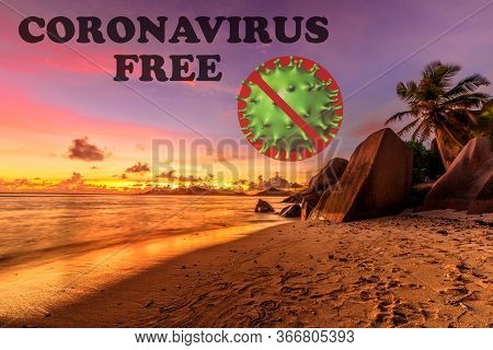 Coronavirus Free Beach Concept: Anse Source Dargent Beach At Sunset In Seychelles, La Digue. Seychel