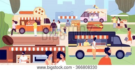 Street Food Festival. Festival Vendors Shops, Outdoor Business. Fast Food Trucks And Stalls, Park Ev
