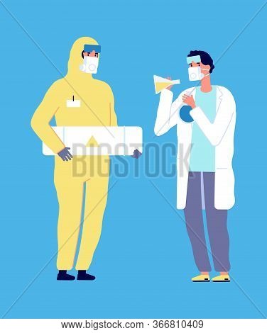 Epidemiologist And Scientist. Virus Research, Chemical Laboratory Flat Characters. Man In Protective