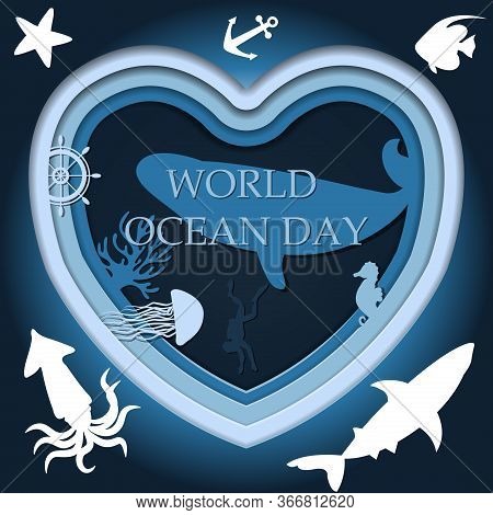 Cut Out Of Blue And Blue Paper, A Multi-layered Picture Of The Underwater World. Vector Illustration