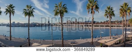 The Port Of Malaga Quay 1 Wide Panorama With Palm Trees With View Of The Malaga Cathedral And The Al