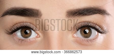 Young Woman With Beautiful Long Eyelashes, Closeup View. Banner Design