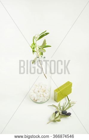 An Olive Branch In A Vintage Glass Bottle On White Wall Background And A Handmade Olive Soap Bar.