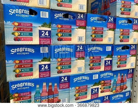 Orlando, Fl/usa-5/15/20: Cases Of Bottles Or Seagrams Wine Coolers At A Sams Club Grocery Store Wait