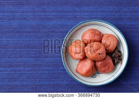 Japanese Food, Pickled Umeboshi In A Dish, Top View