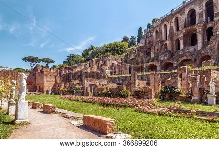Roman Forum View In Summer, Rome, Italy. Old Forum Is Famous Tourist Attraction Of Rome, Great Ancie