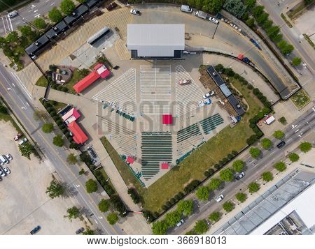 April 23, 2020 - Raleigh, North Carolina, USA: Red Hat Amphitheater, situated in the heart of Downtown Raleigh, offers an immersive entertainment experience with stunning views of the Raleigh skyline.