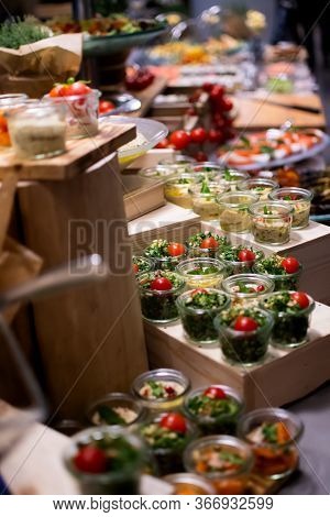 Sunday Brunch Menu With Salads, Meat, Cheese Cuts And Vegetables During Hotel Brunch Buffet Indoor R