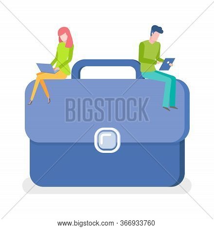 Working People With Laptop And Tablet Vector, Man And Woman Sitting On Briefcase Filled With Documen