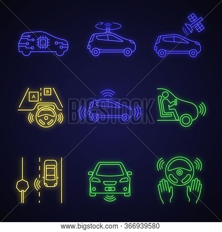 Autonomous Car Neon Light Icons Set. Self-driving Automobile, Lidar, Satellite Control. Sensors Dete