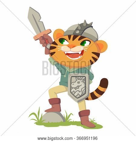 Tiger With A Sword, Shield And Helmet. Cat In A Costume Of A Medieval Warrior, Knight. Fairy Tale Ch