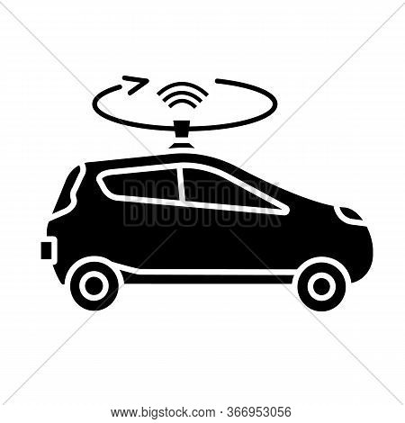 Autonomous Car With Lidar Glyph Icon. Smart Car With Roof Sensor Or Camera. Intelligent Auto With Au