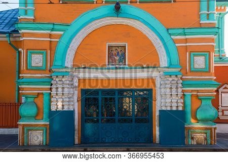 Entrance To The Church Of St. Gregory Of Neocaesarea In Darbitz. Bright Red Green Sanctuary In The C