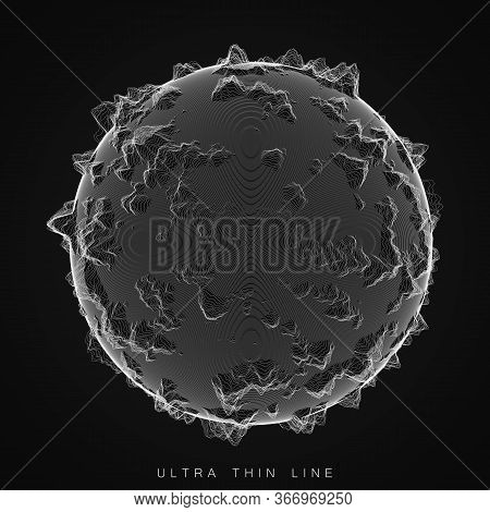 Vector Abstract Ultra Thin Line Sphere. Fluid Dynamic Distorted Spheres. Futuristic Fractal Noise Il