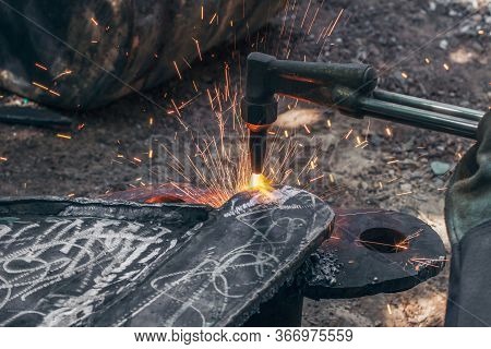 Close Up Hand Heavy Industrial Worker Is Working On Metal Work Factory Process By Cutting Sheet Stee