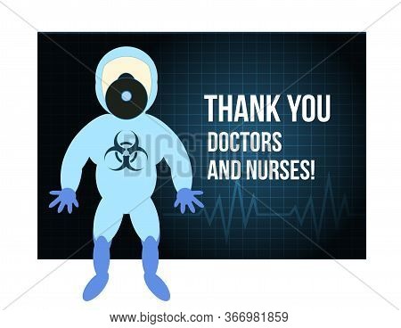 Thank You Doctor And Nurses. Cartoon Character In Protective Costume. Stop Coronavirus.