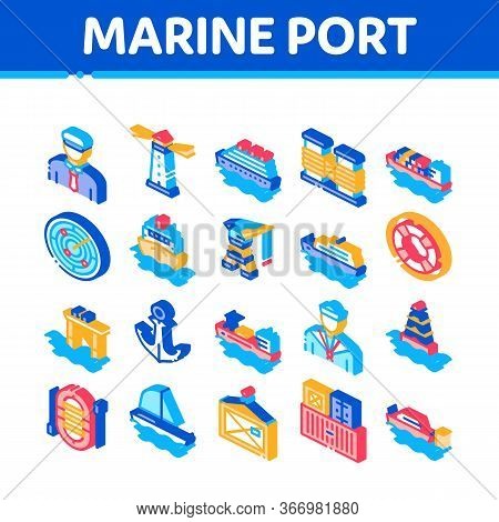 Marine Port Transport Collection Icons Set Vector. Port Dock And Harbor, Lighthouse And Anchor, Capt