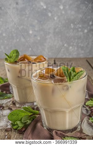 Cold Summer Coffee, Latte, Frappe, Frappuccino. Coffee Iced Cocktail Drink With Frozen Coffee Ice Cu