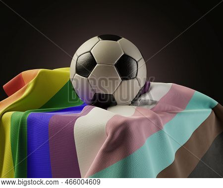 A Regular Soccer Ball Resting On A Draped Lgbtq Pride Flag On An Isolated Dark Studio Background - 3