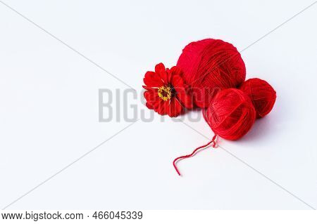 A Red Ball Of Thread And A Tsinia Flower On A Green Background For Knitting Red Cozy Warm Things