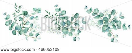 Watercolor Bouquets Set. Eucalyptus, Pistachio And Gypsophila Branches. Hand Drawn Botanical Illustr
