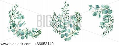 Watercolor Bouquets Set. Eucalyptus, Pistachio And Olive Branches. Hand Drawn Botanical Illustration