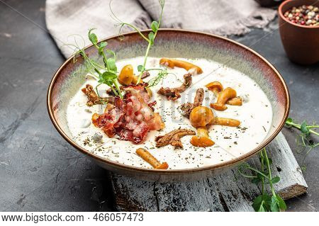 Forest Mushroom Soup. Homemade Cream Of Mushroom. Banner, Menu, Recipe Place For Text, Top View.