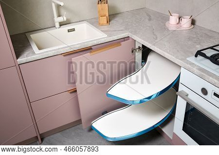 Kitchen Access Mechanism Magic Corner For Blind Corner Cabinets. Solution For A Kitchen Corner Stora