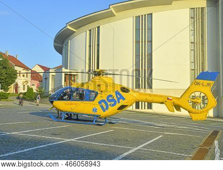 The Rescue Helicopter Lands On City Square. Czech Rescue Helicopter, Markings Krystof 4 - Christoph 