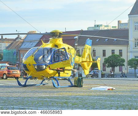 The Rescue Helicopter On Town Square. Czech Rescue Helicopter, Markings Krystof 4 - Christoph.