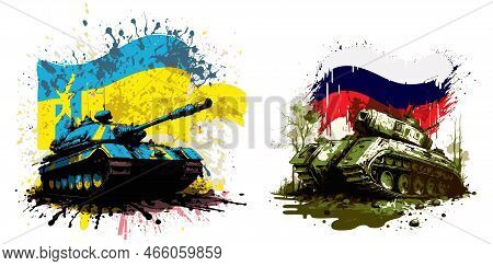 Ukrainian Tank With A Flag Attacked And Destroyed Russian Tank. Protecting Ukraine From Russian Inva