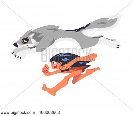 Mowgli As Feral Boy From Jungle Raised By Wolves Running With Wolf Brother Vector Illustration