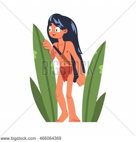 Mowgli As Feral Boy From Jungle Raised By Wolves Hiding Behind Leaves Vector Illustration
