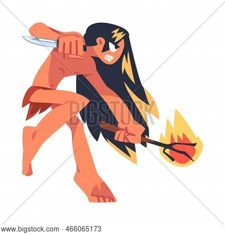 Mowgli As Feral Boy From Jungle Raised By Wolves Fighting With Knife And Burning Tree Branch Vector 